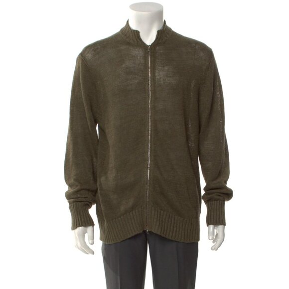 Inis Meain Other - Inis Meain Meáin Linen Mock Neck Zip Up Cardigan Green Long Sleeve Size Large L